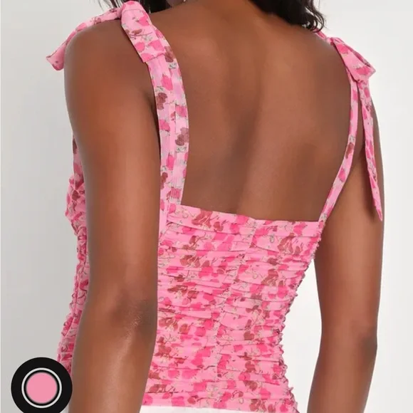 Lulus Flirtatious Sweetness Pink Floral Ruched Mesh Tie-strap Top - Size M - Picture 2 of 4